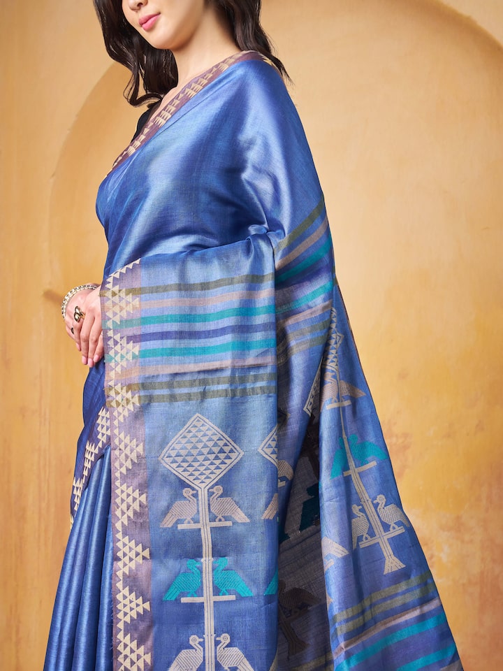 Blue Tussar Silk Extra-weft Saree