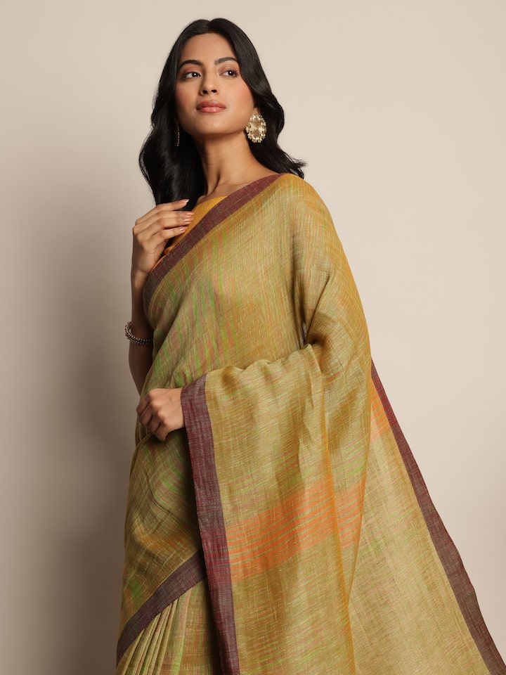 Green Space Dyed Cotton Linen Saree
