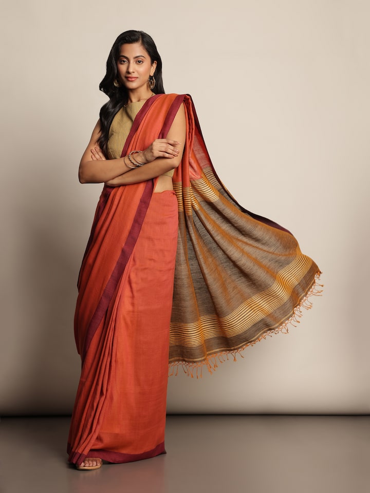 Orange Space Dyed Cotton Linen Saree