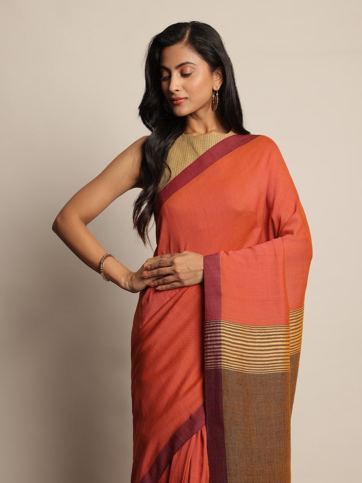 Orange Space Dyed Cotton Linen Saree