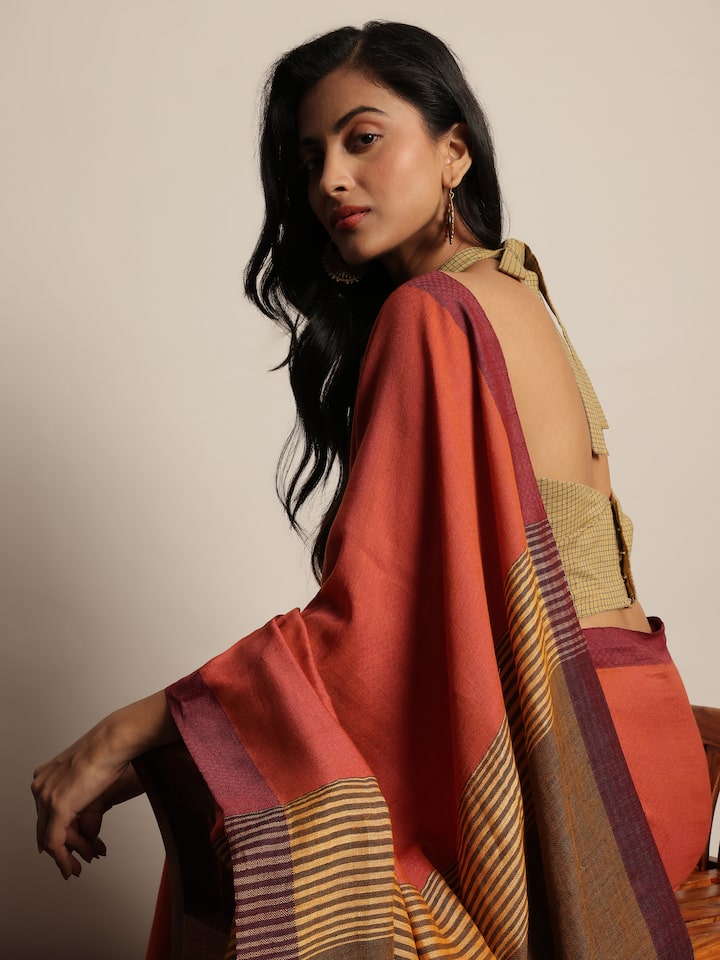 Orange Space Dyed Cotton Linen Saree