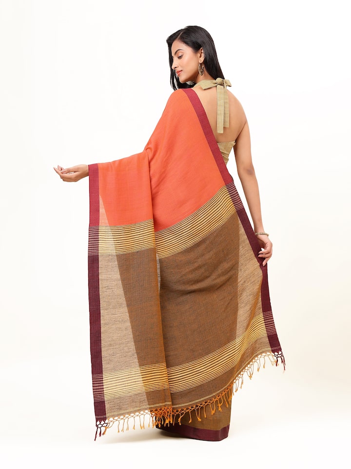 Orange Space Dyed Cotton Linen Saree