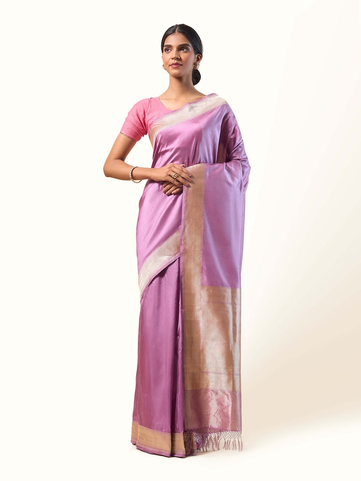 Front view of mauve Katan silk Banarasi saree with intricate weaving.