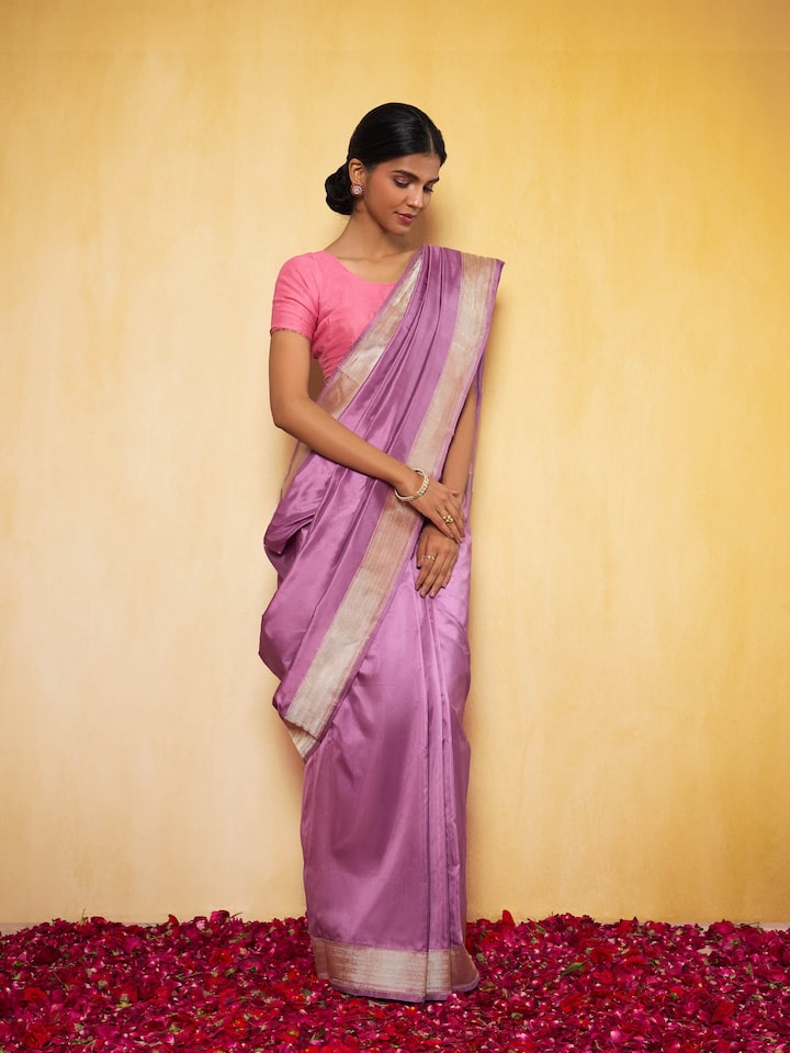 Lifestyle shot reflecting richness of mulberry silk and Banarasi style.