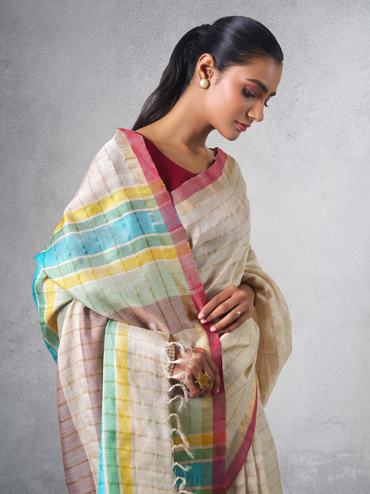 Beige Tussar Silk Saree