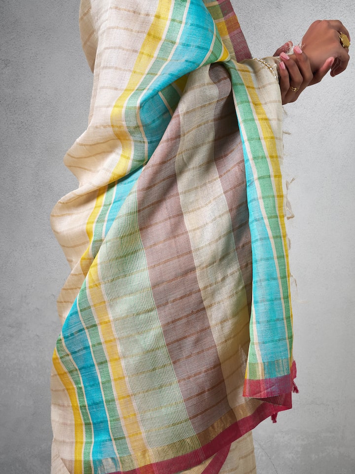 Beige Tussar Silk Saree