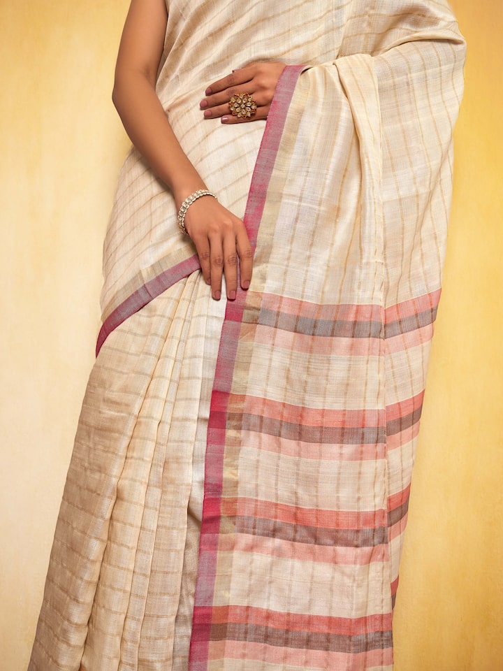 Beige, Gold & Pink Tussar Silk Zari Saree
