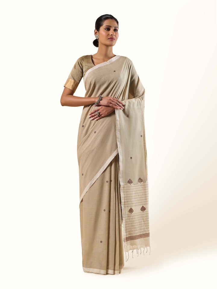 Front view of Cotton Extra-Weft Saree showcasing intricate weaving patterns