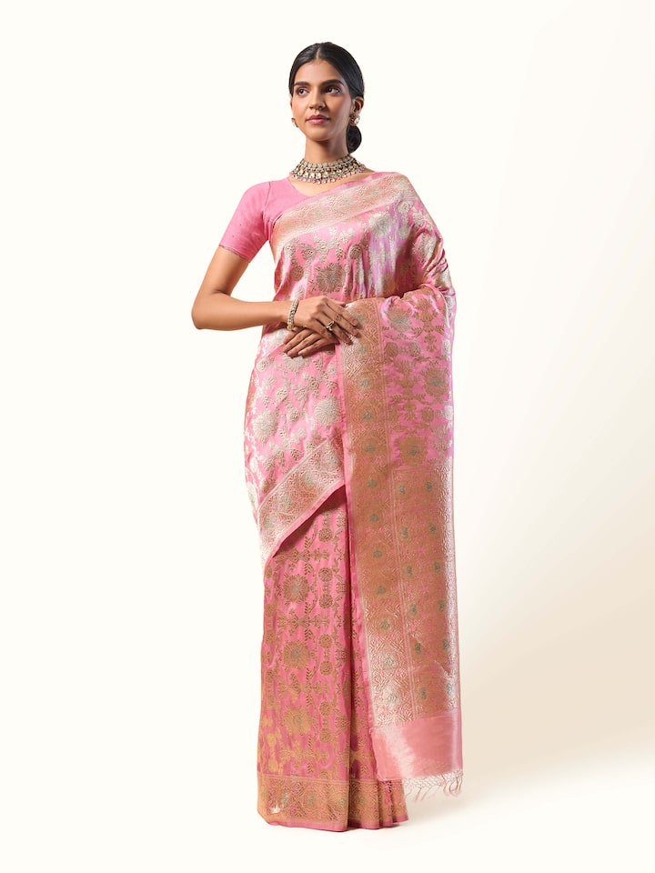 Front view of Mulberry Katan Silk Banarasi Saree with intricate Banarasi weaving