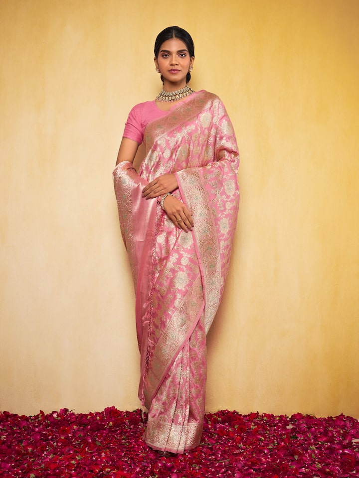 Side view of Mulberry Katan Silk Banarasi Saree showcasing elegant silk texture and weaving