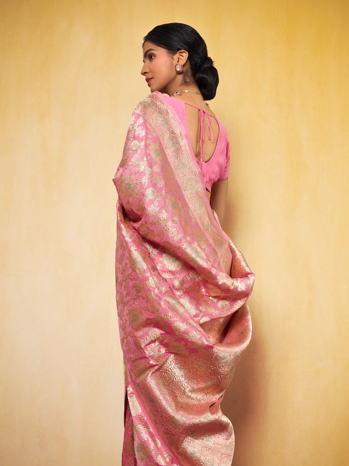 Close-up of Mulberry Katan Silk Banarasi Saree featuring traditional Banarasi motifs and patterns