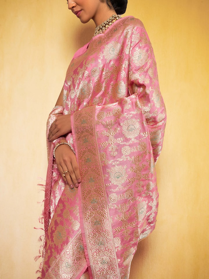 Detail shot of Mulberry Katan Silk Banarasi Saree with intricate silk threadwork and designs