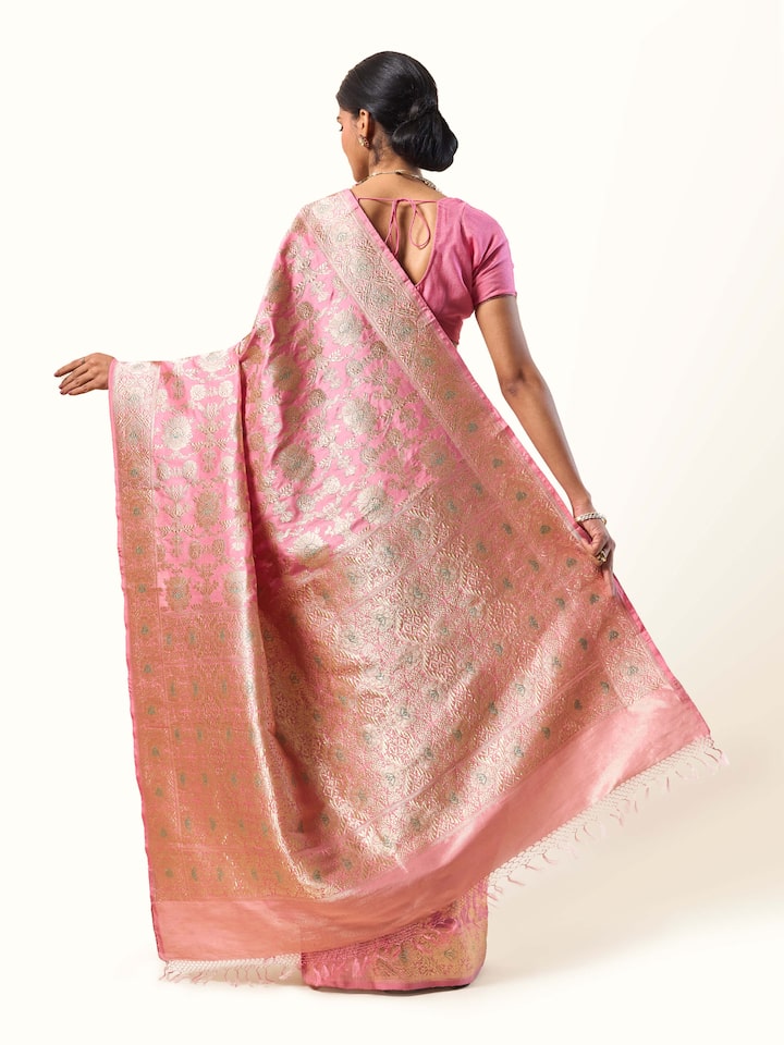 Top view of Mulberry Katan Silk Banarasi Saree highlighting traditional craftsmanship