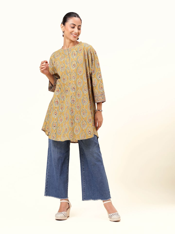 Yellow Cotton Kalamkari Block Printed Tunic
