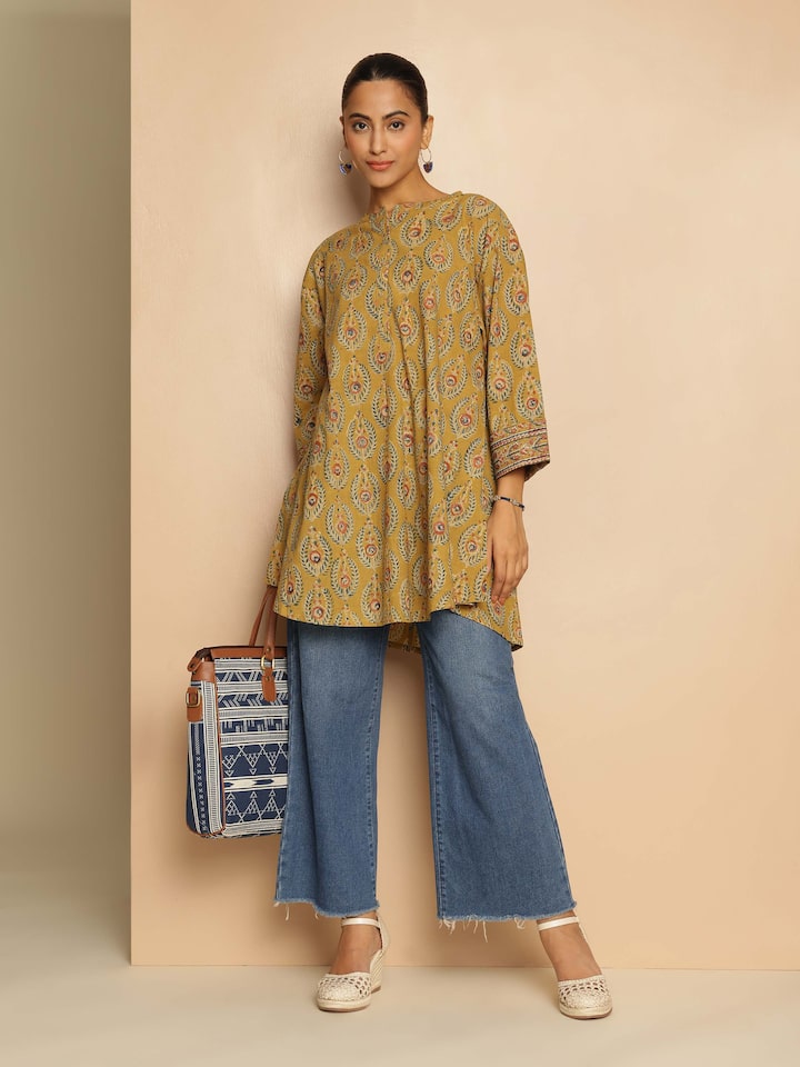 Yellow Cotton Kalamkari Block Printed Tunic