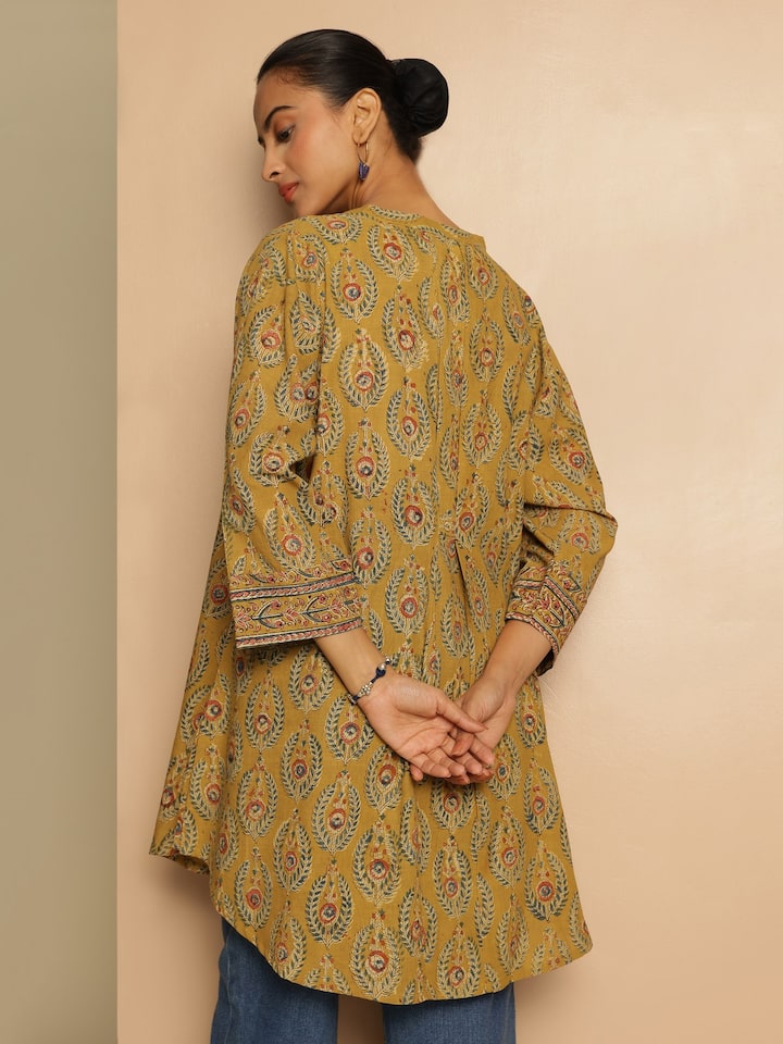 Yellow Cotton Kalamkari Block Printed Tunic