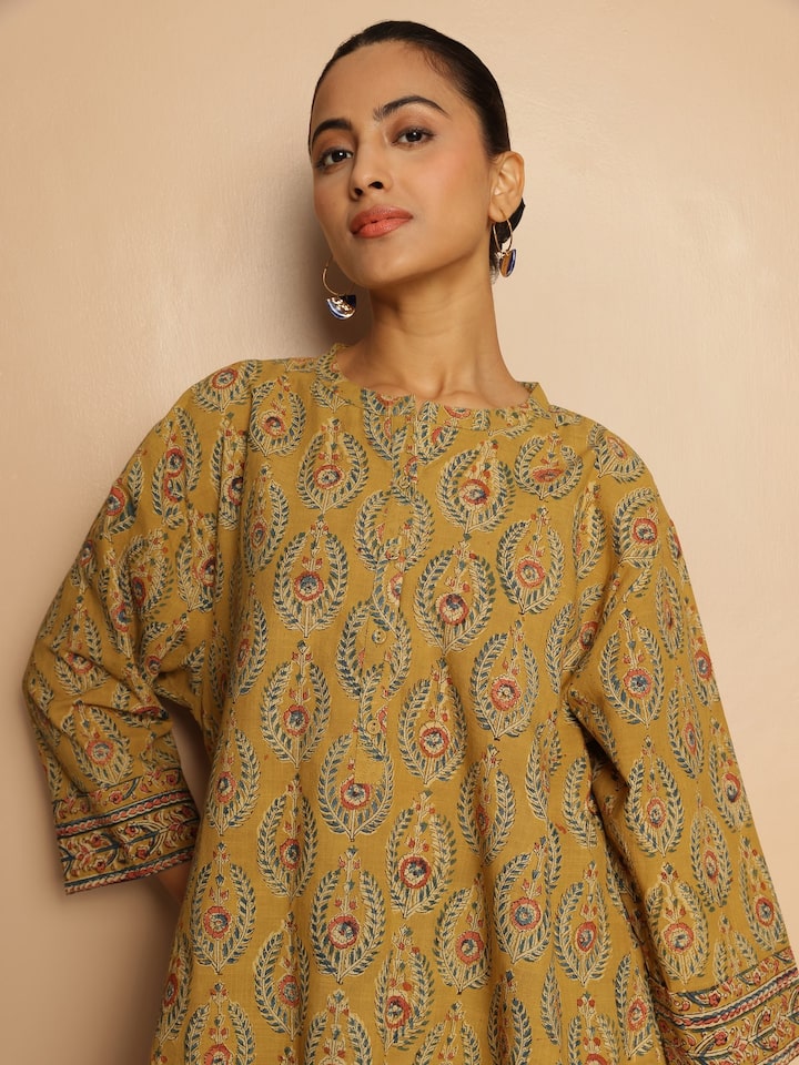 Yellow Cotton Kalamkari Block Printed Tunic