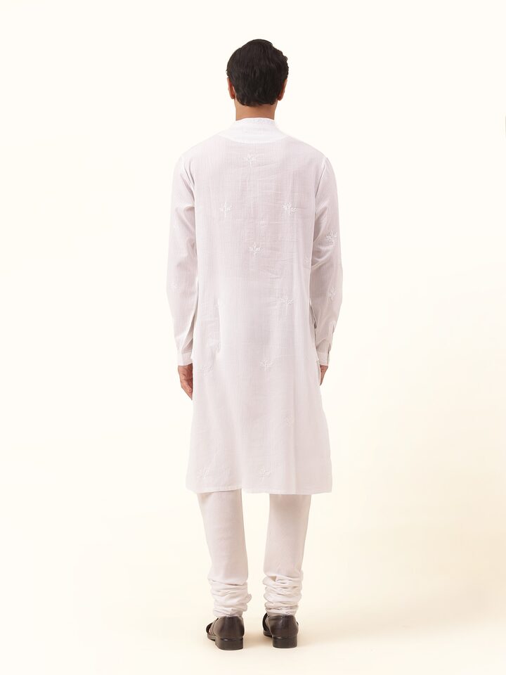 Back view of white cotton kurta highlighting neat panel stitching and plain back finish