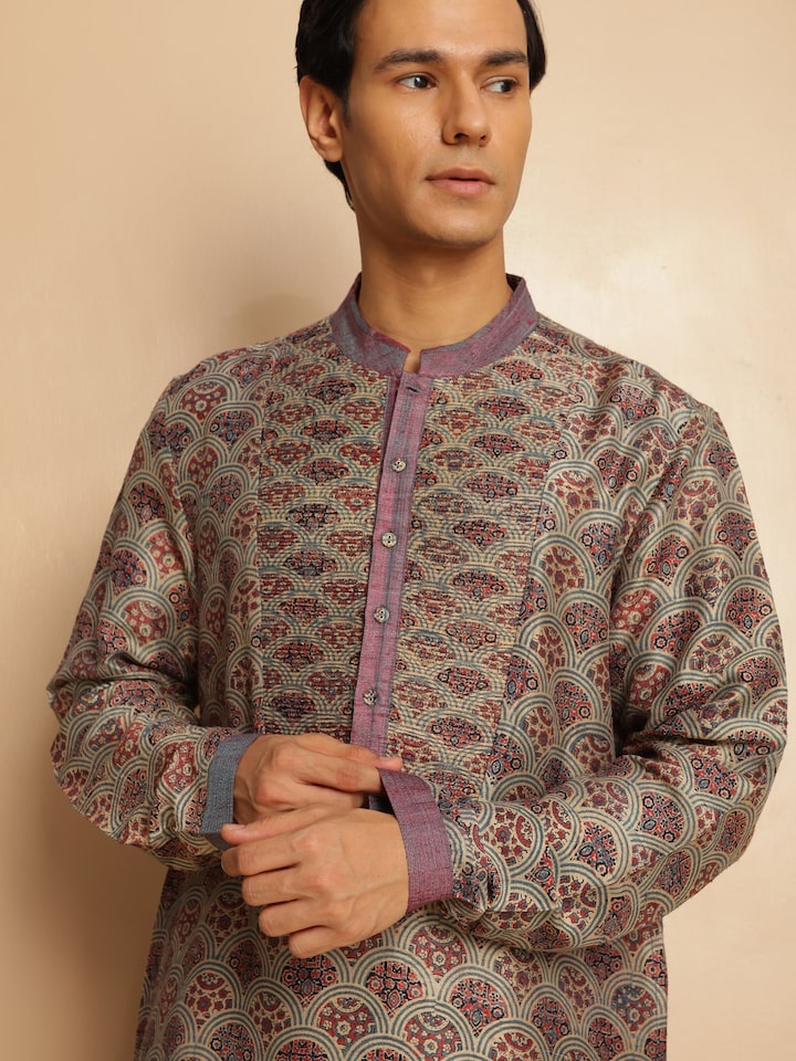 Side lifestyle view of indigo silk kurta showcasing flow and natural fall of fabric