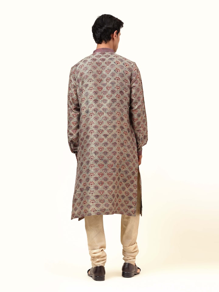 Back view of Ajrakh block printed silk kurta in indigo showing seamless pattern continuity