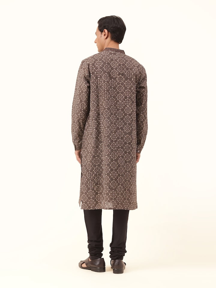 Back view of grey Dabu block printed kurta showcasing the fabric texture and length.