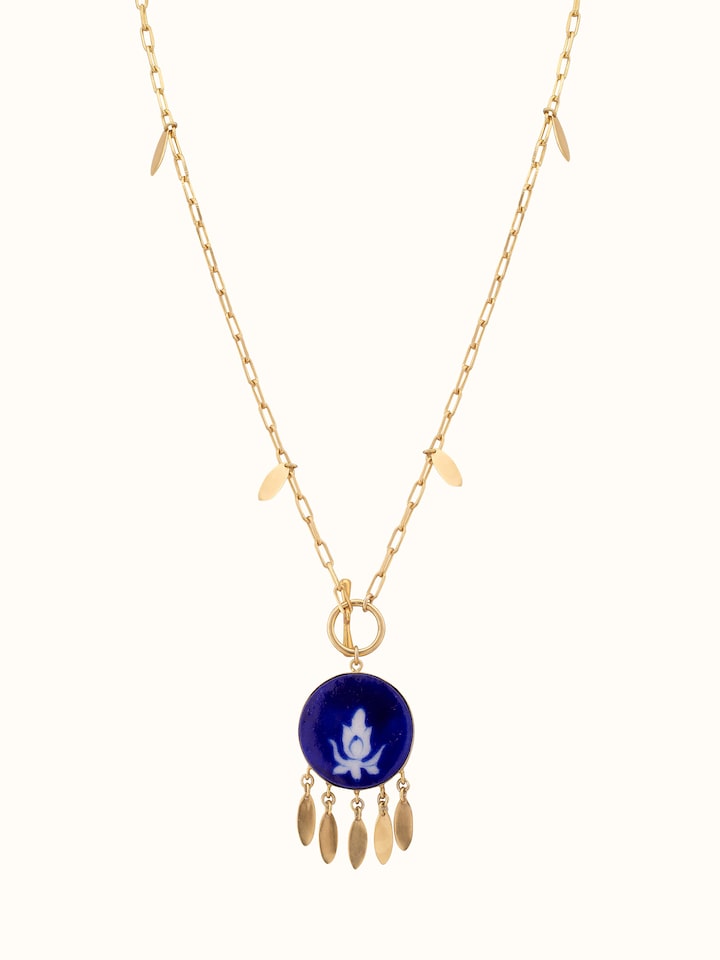 Front view of Blue Pottery Long Necklace showcasing intricate blue pottery beads and elegant design.