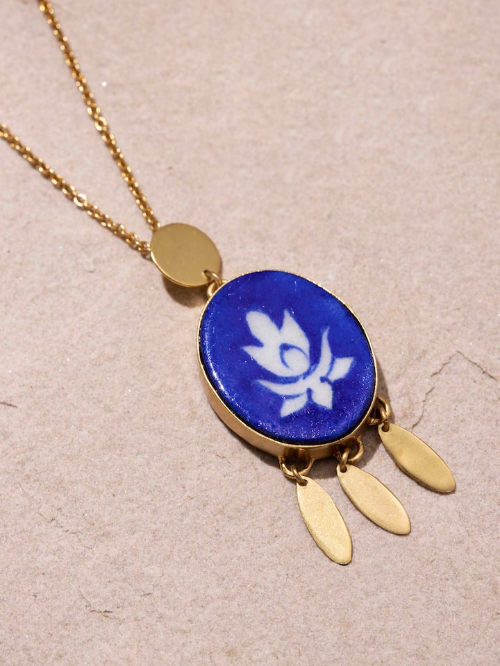 Back view of Blue Pottery Pendant and Chain featuring the smooth finish and secure clasp of the chain.