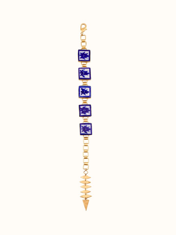 Front view of Blue Pottery Flexible Bracelet featuring vibrant ceramic patterns.