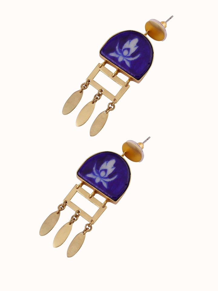 Artistic angle of Blue Pottery Drop Earrings showcasing their unique design and ceramic craftsmanship.