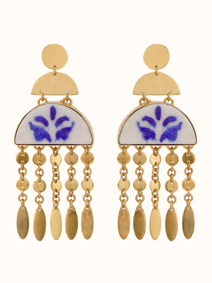 Front view of Blue Pottery drop earrings featuring vibrant blue designs and fine craftsmanship