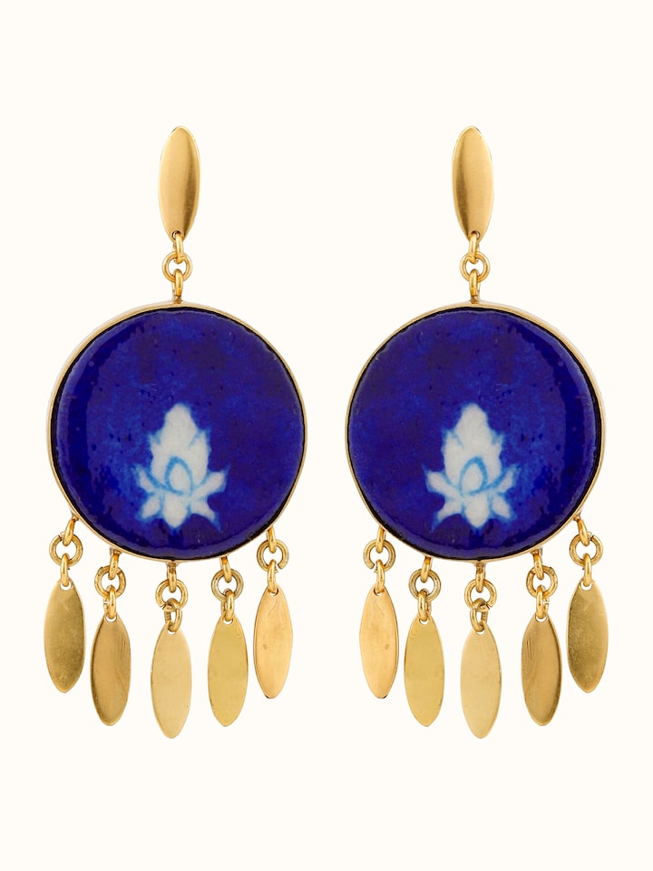 Front view of Blue pottery drop earrings showcasing vibrant blue design