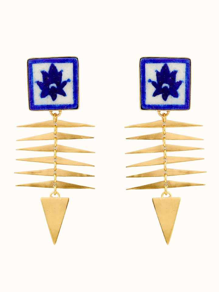 Front view of Blue Pottery Drop Earrings featuring vibrant blue pottery and intricate design details.