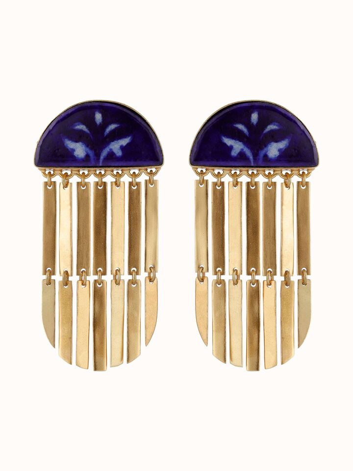 Front view of Blue Pottery Drop Earrings showcasing vibrant blue pottery with intricate designs and drop earring style.