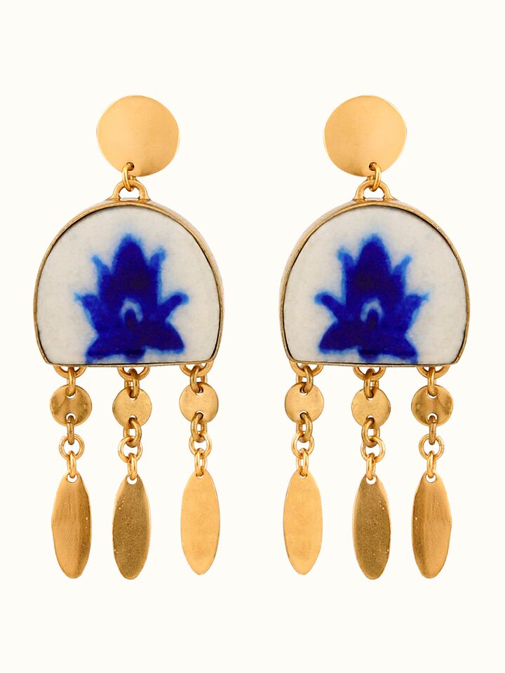Front view of blue pottery drop earrings showcasing their vibrant colors and detailed pottery design.