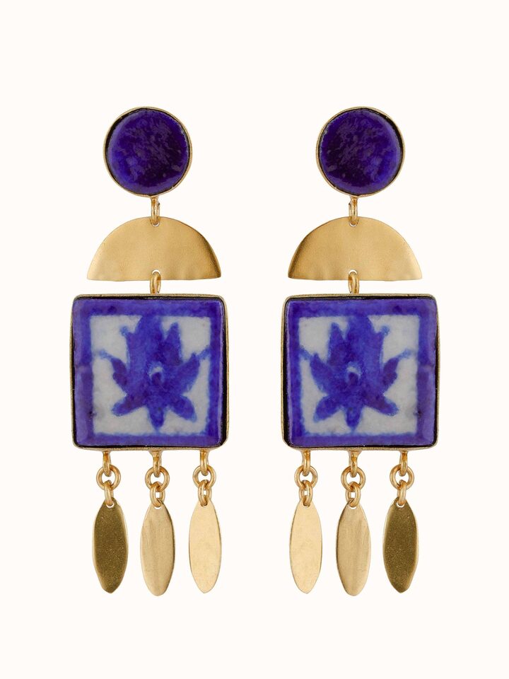 Front view of blue pottery drop earrings featuring unique pottery design and color