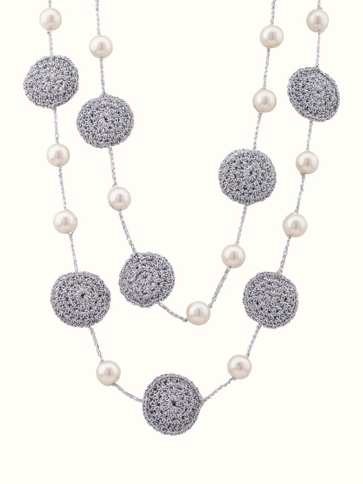 Front view of Crochet Long Necklace showcasing intricate crochet work and design.