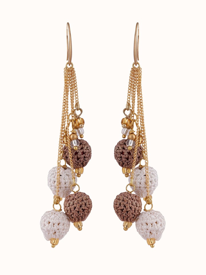 Front view of Crochet Drop Earrings featuring a stylish crochet pattern with a modern drop design.