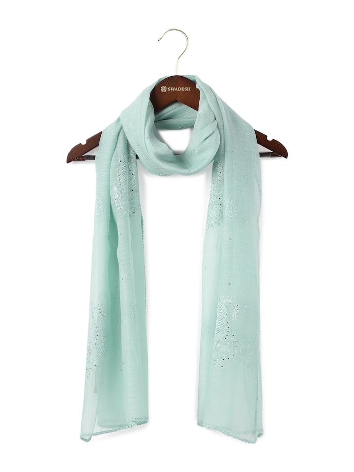 Light Blue Cotton Silk Chikankari Stole