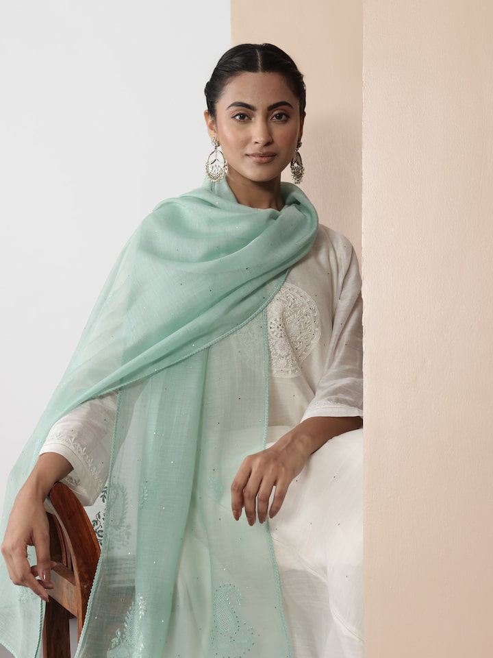 Light Blue Cotton Silk Chikankari Stole