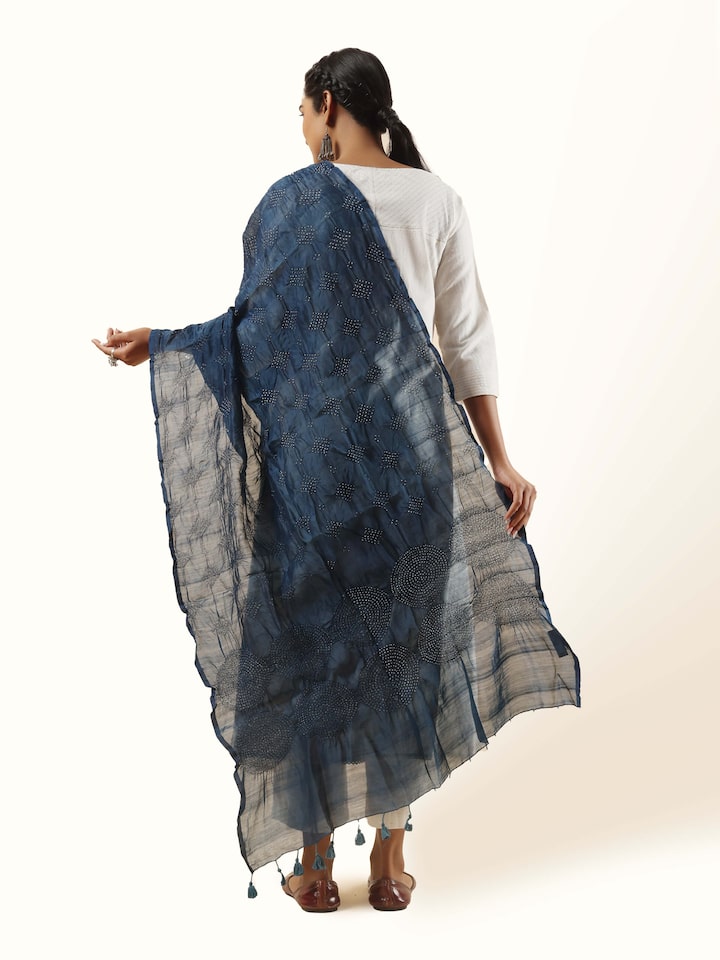 Back view of indigo Bandhani tie and dye dupatta, revealing the full pattern and graceful fall of the fabric.