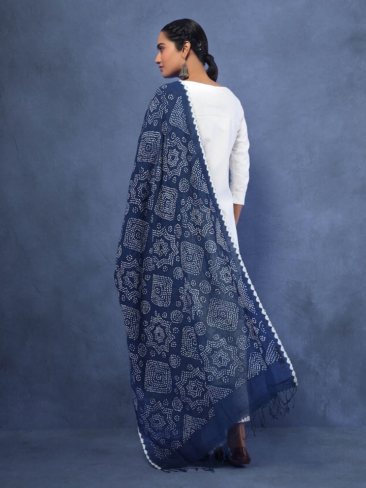 Angled view of cotton Bandhani tie-dye dupatta highlighting its texture and dye detailing