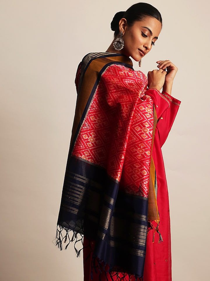 Red & Blue Silk Ikat Zari Dupatta