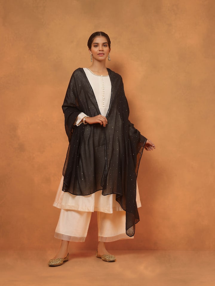 Black Cotton Silk Mukaish Embroidered Dupatta