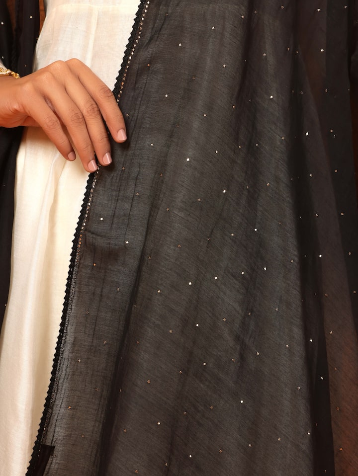 Black Cotton Silk Mukaish Embroidered Dupatta