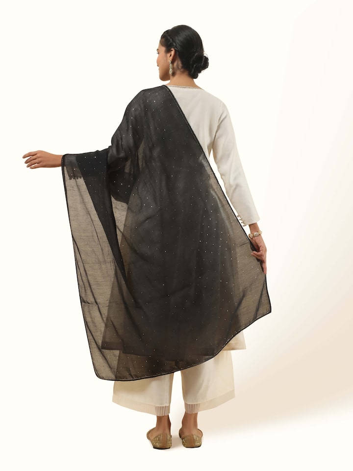 Black Cotton Silk Mukaish Embroidered Dupatta