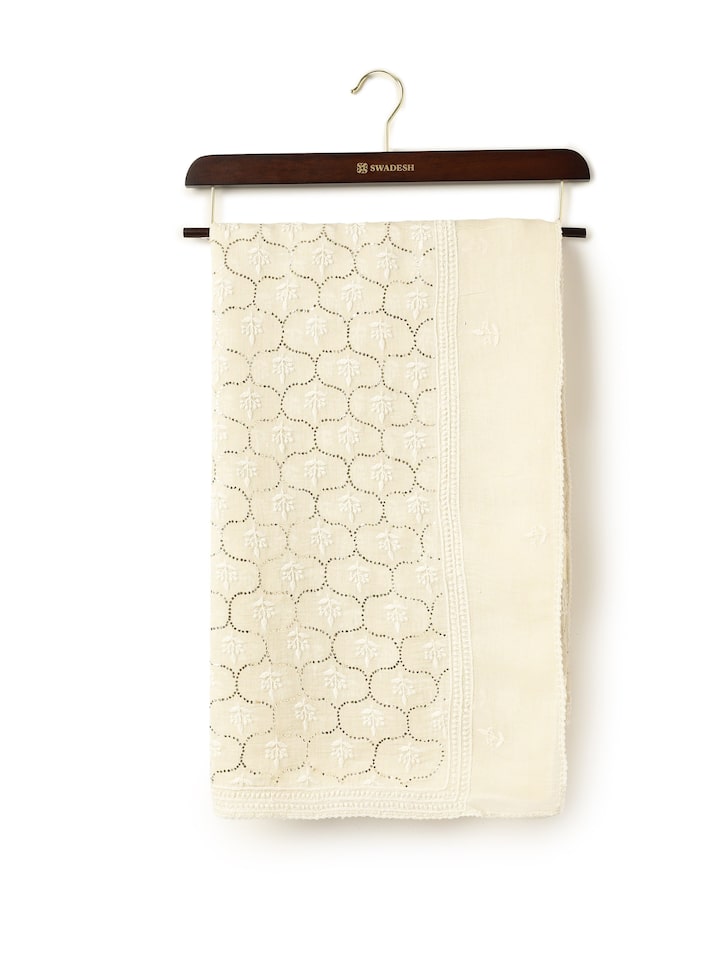Front view of off-white cotton silk Mukaish embroidered dupatta with delicate metallic embroidery
