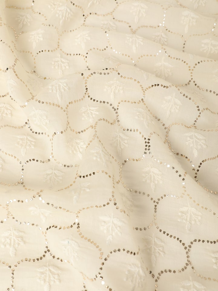 Detail view of off-white cotton silk Mukaish embroidered dupatta with mukaish work and texture