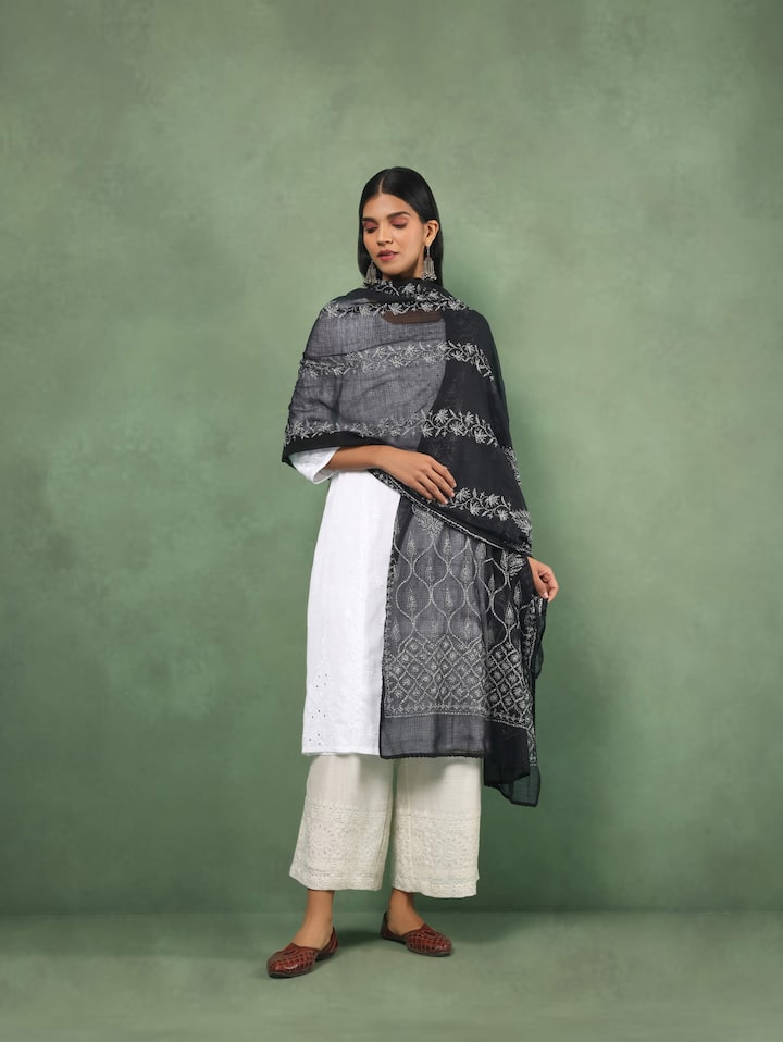Black Cotton Silk Chikankari Dupatta