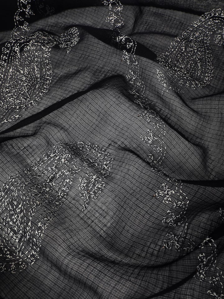 Black & White Cotton Silk Chikankari Dupatta