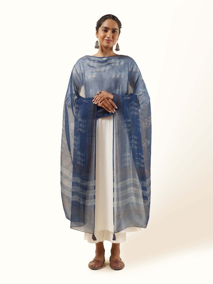 Front view of Cotton Dabu Block Printed Dupatta showing the full length and border pattern